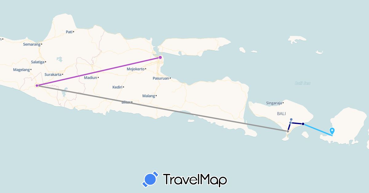 TravelMap itinerary: driving, plane, cycling, train, boat in Indonesia (Asia)